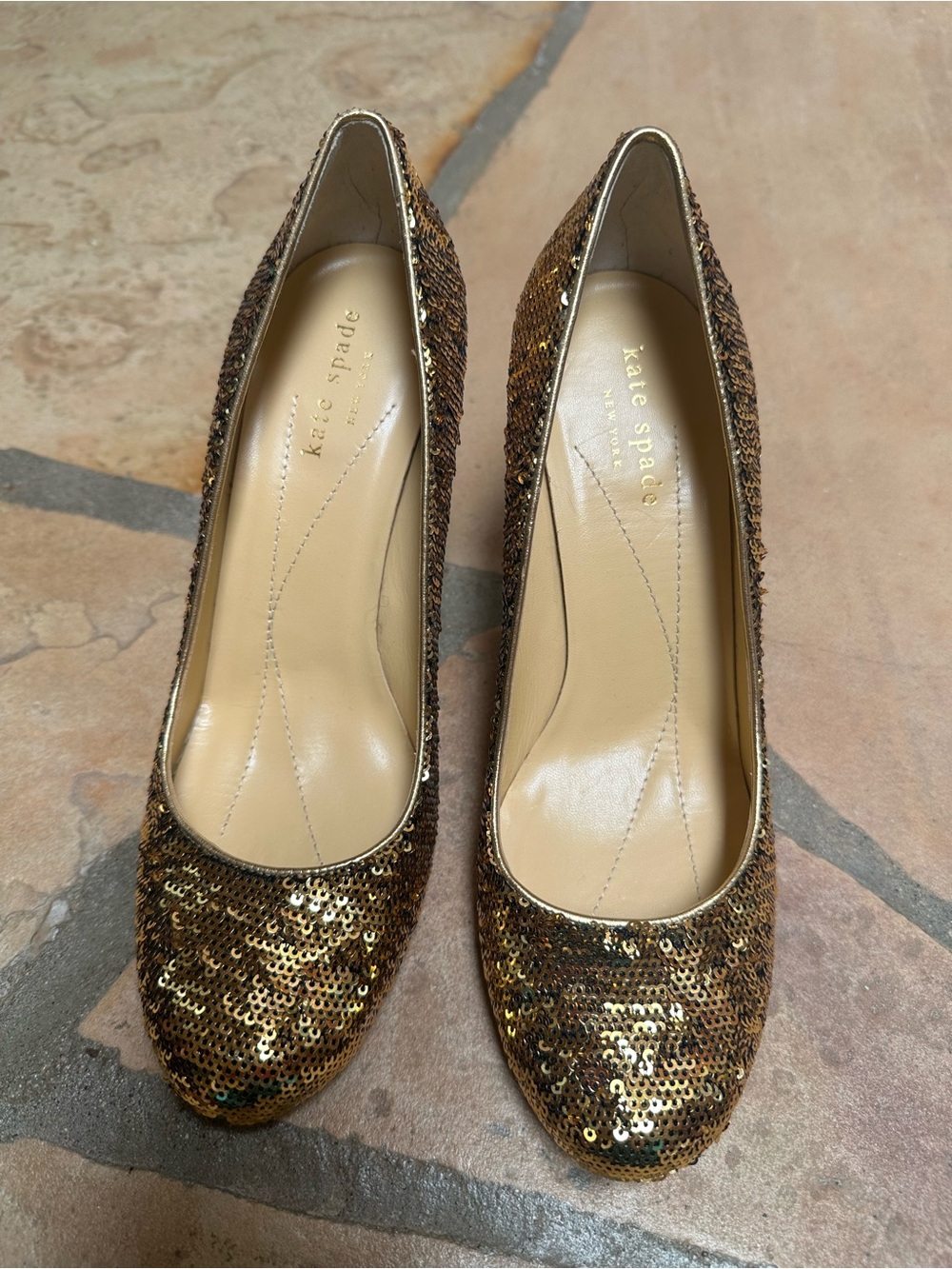 Kate Spade Karolina New Gold Sequin Rounded-Toe Pumps